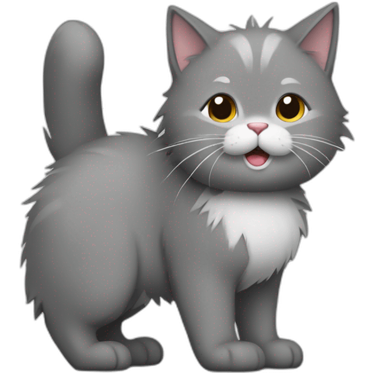 grey furry cat with white mouth and whte stomach is standing emoji