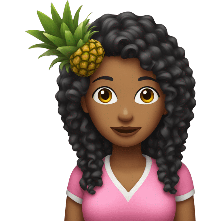 woman with long black curly hair wearing pink holding a pineapple  emoji