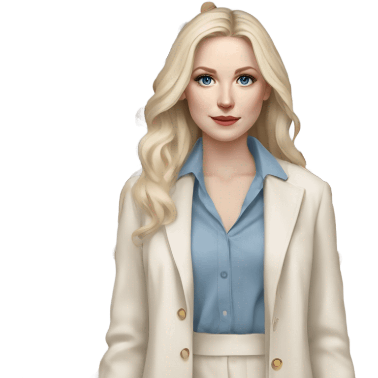 pale skin woman with blue eyes, ash blonde straightened long Hair, White Spacious classical jacket, beige palazzo Arrow pants and gray blouse holding a color palettes in the hands emoji