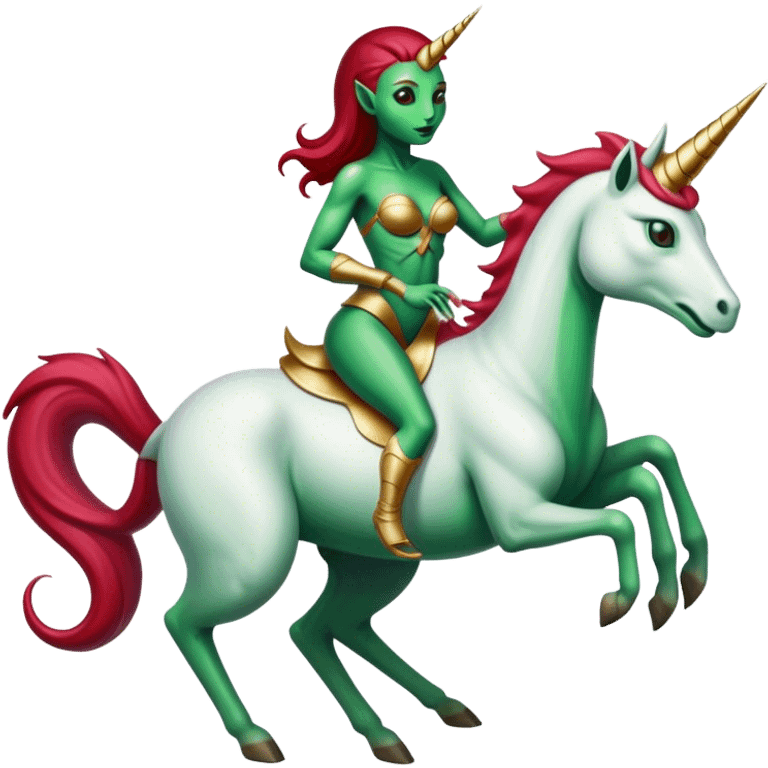 "reptilian green alien woman, in long slim dark red", rides, "unicorn gold and white"
 emoji