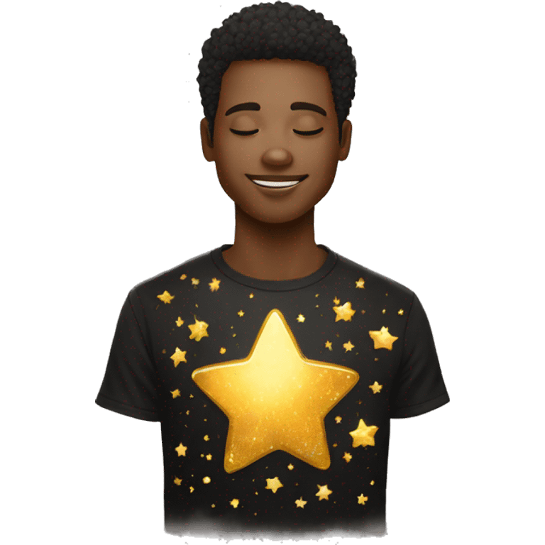 Person wearing t shirt filled with golden stars galaxies celestial emoji