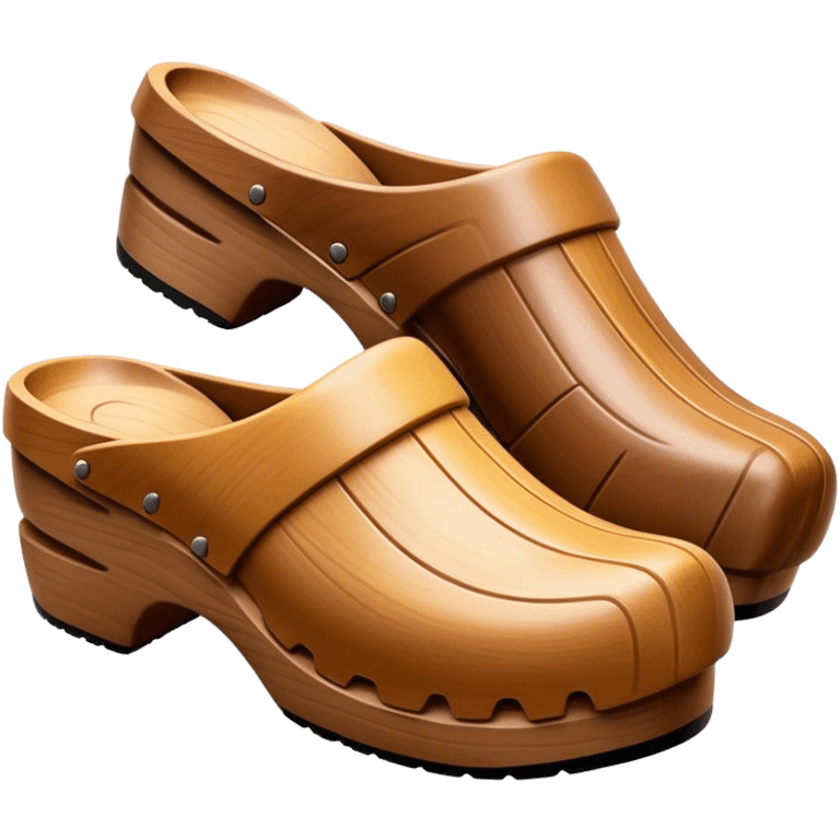 Cinematic Realistic Wooden Clogs Emoji, depicting the classic handcrafted footwear with a smooth, curved design and sturdy wooden soles, rendered with rich textures and warm, natural lighting. emoji