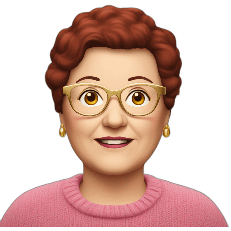 65 year-old Dutch chubby white woman with dark red colored short hair, pink sweater and gold glasses emoji