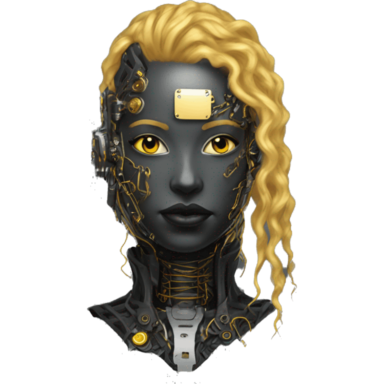 black metal female cyborg head with circuitry and yellow gold curly hair emoji