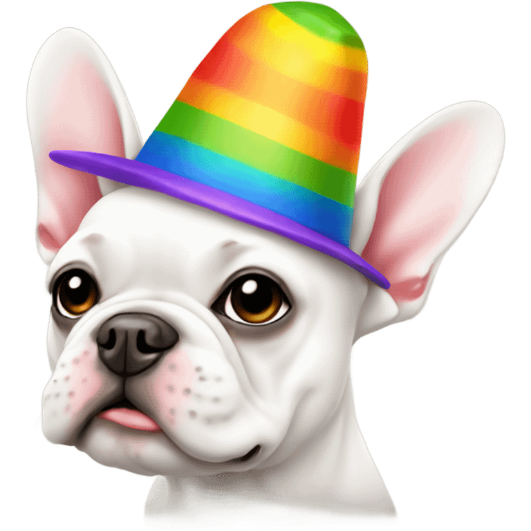 White Frenchie wearing a rainbow hat emoji