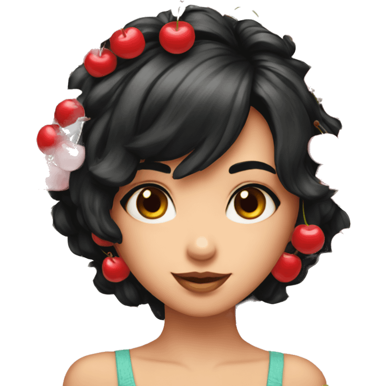 a girl with a square black hair style holds cherries near her ears emoji