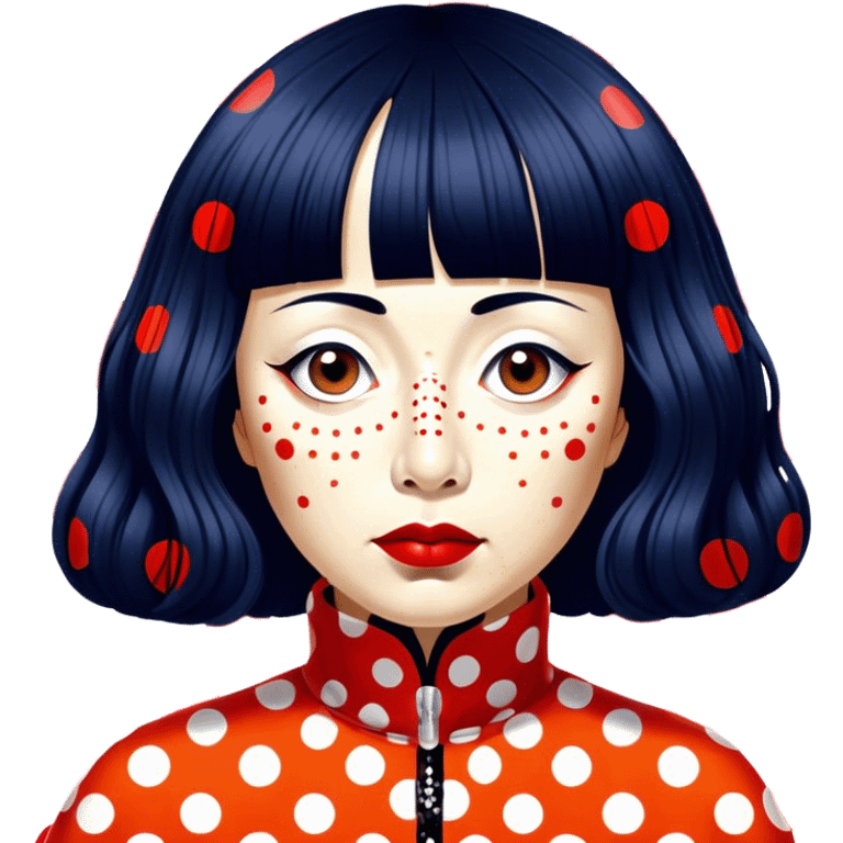 Yayoi Kusama – Cinematic Realistic Portrait of Yayoi Kusama, depicted as an avant-garde artist with an eccentric, captivating expression surrounded by her iconic polka dot patterns, rendered with vivid textures and imaginative lighting that evokes her unique, surreal creative world. emoji