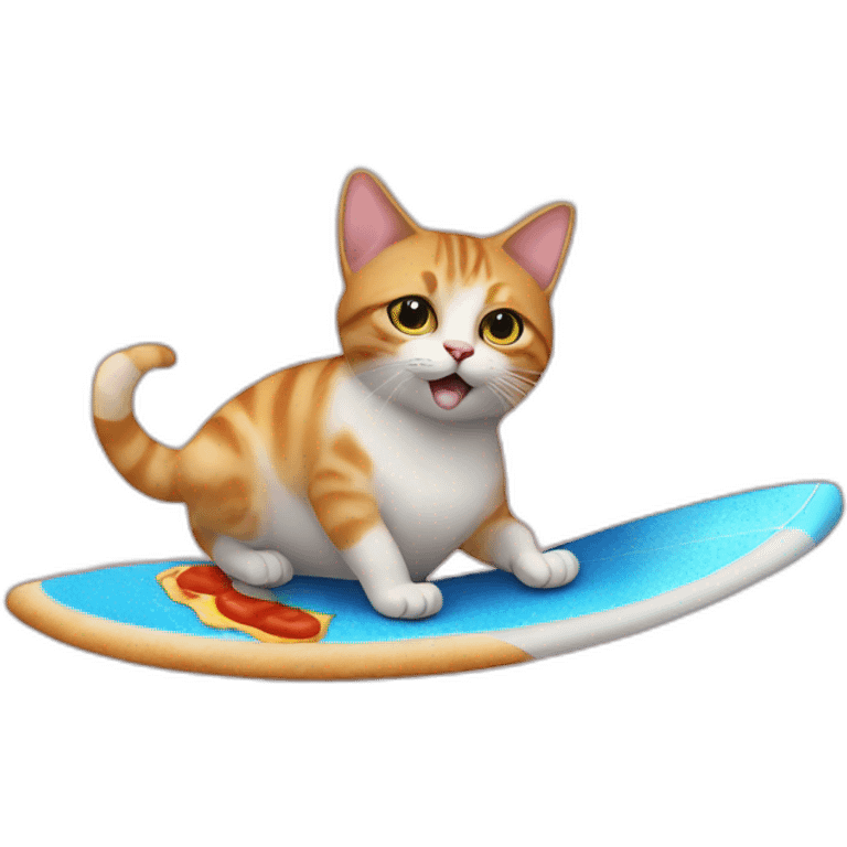 un chat qui fait du surf sur une pizza dans l'escpace emoji