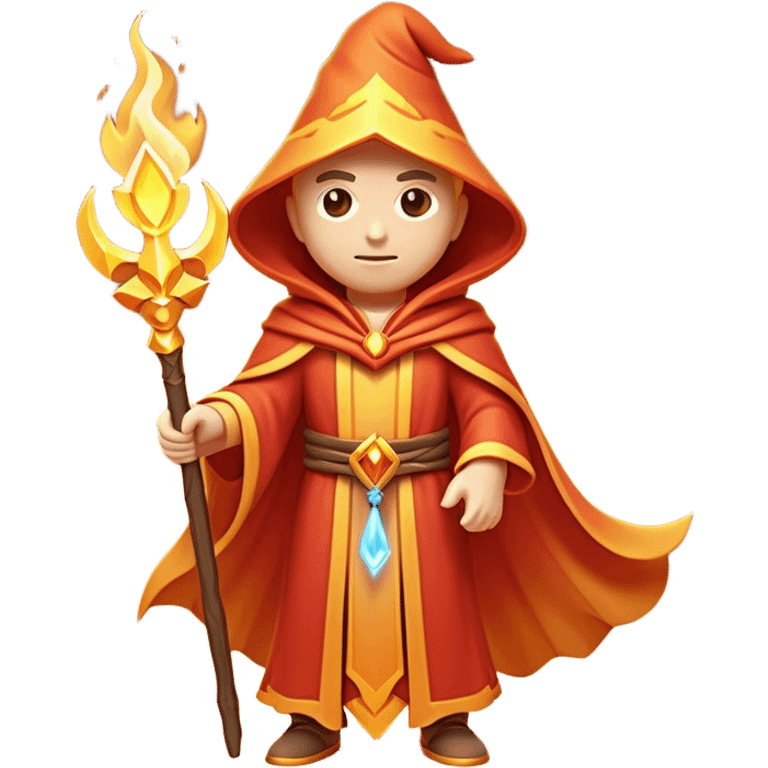 Clash of Clans aesthetic: Cinematic heroic powerful fire Wizard Hero  close up Emoji, rendered in a 3D vector-style similar to standard emojis with minimal shading and bold, simplified shapes. A compact, isometric figure draped in flowing enchanted robes and wielding a mystical staff, softly glowing with an arcane magical charm. Simplified yet unmistakably iconic, highly detailed and consistent, glowing with a soft radiant glow and high shine. Stylized with a touch of whimsical sorcery and a soft glowing outline, capturing the essence of a powerful wizard ready to cast spells with a friendly, playful spirit! emoji