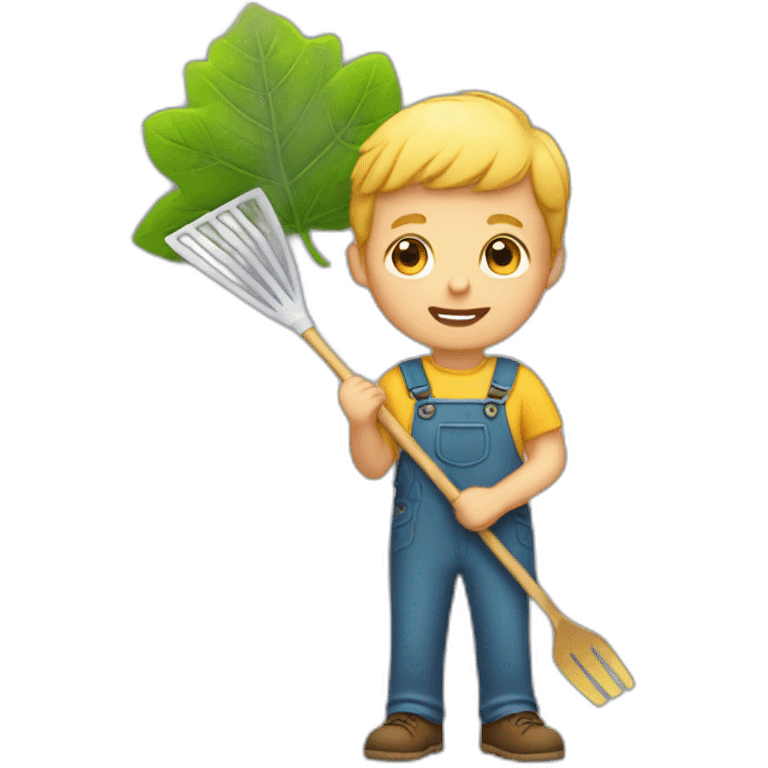 white kid holding a rake with leaves emoji