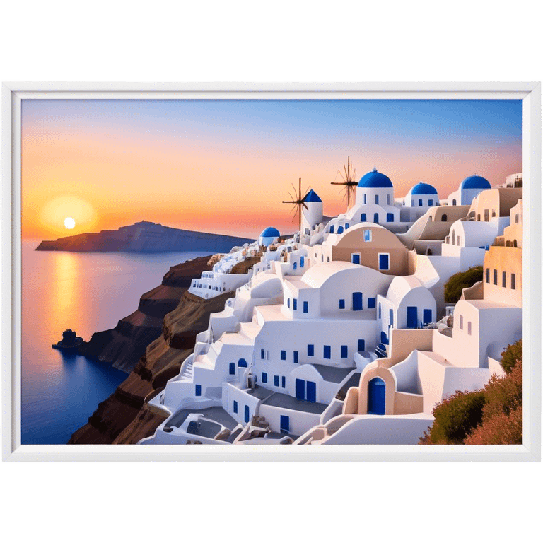 Cinematic Realistic Santorini Caldera Landmark Emoji, featuring white-washed buildings perched on volcanic cliffs, overlooking the deep blue Aegean Sea, with warm sunset hues illuminating the sky and reflecting off the water. emoji