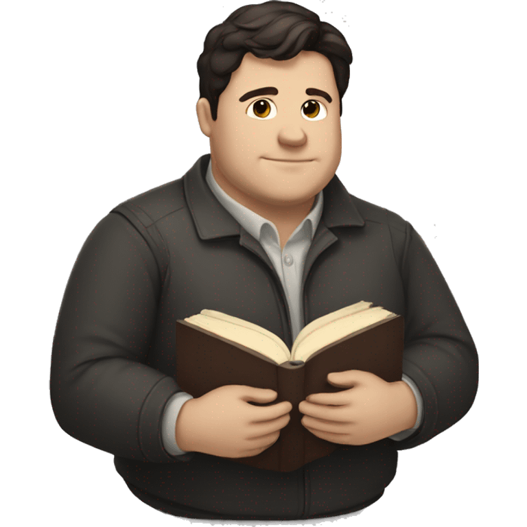 create an emoji of a chubby, dark-haired, white man holding a book emoji