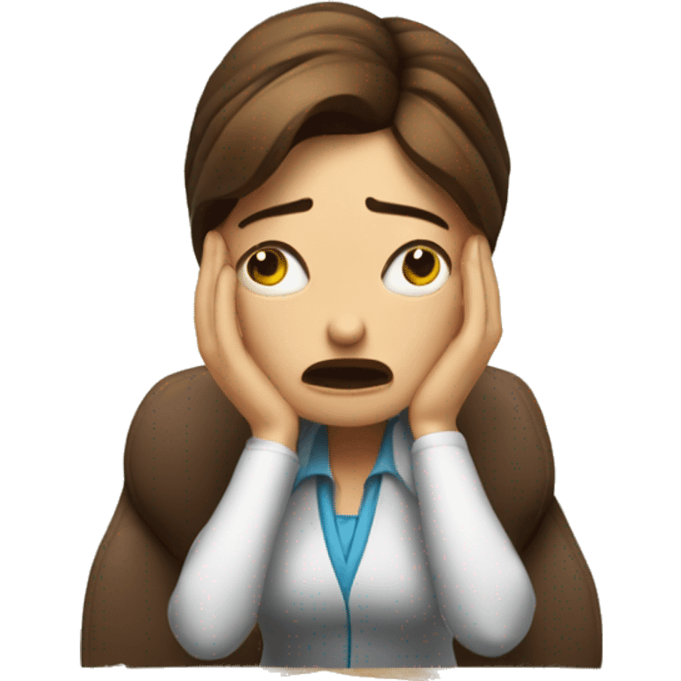 Stressed teacher with brown hair crying at her desk with lots of paperwork  emoji