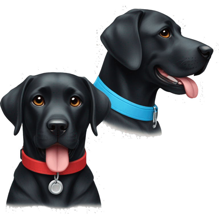 black-coloured labrador on the left with red collar, black-coloured labrador on the right with light blue collar. emoji