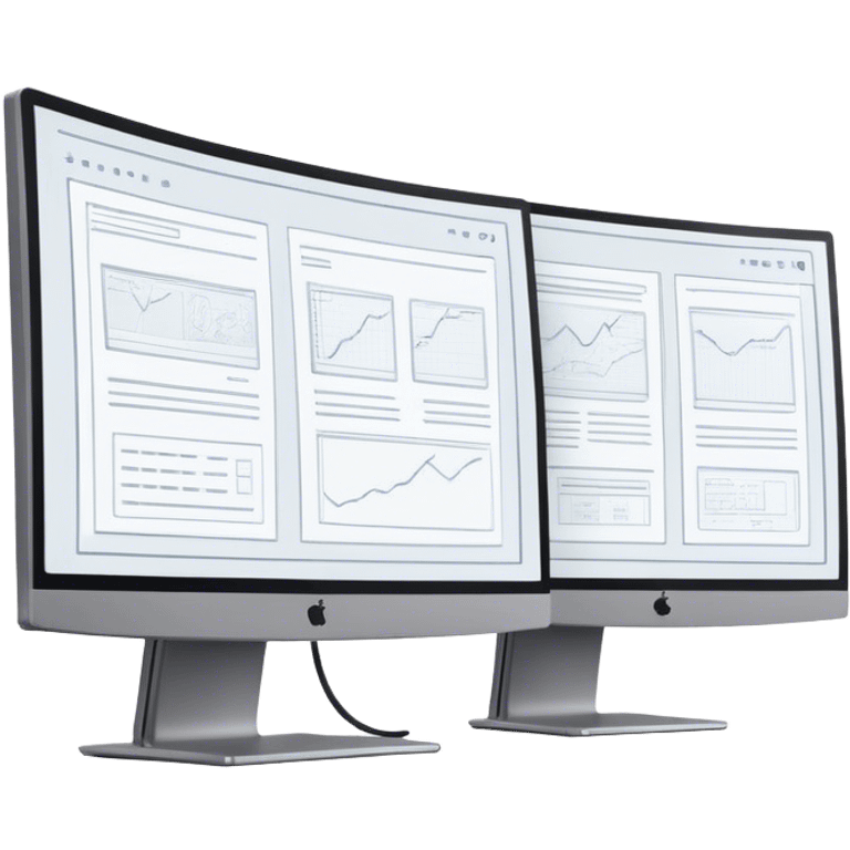 Create an emoji for UX/UI design. Show two large curved monitors side by side, displaying wireframe sketches or design mockups with interface elements like buttons, sliders, and icons. Use modern, professional colors. Do not include any emojis or smiley faces. Make the background transparent. emoji