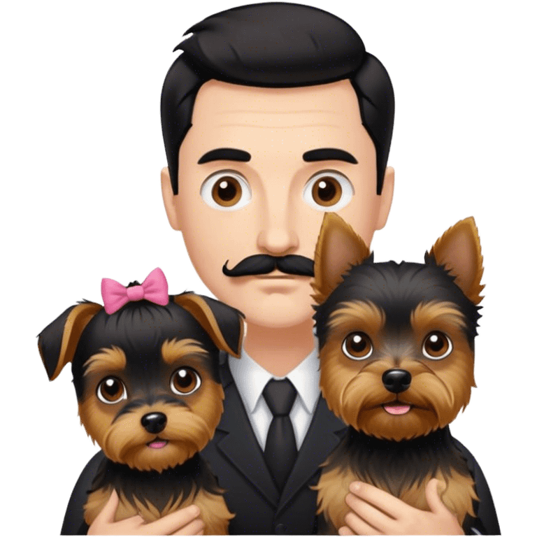 Tall white man with dark hair mustache goatee, and short pale woman with black hair bun, and a yorkshire terrier dog emoji