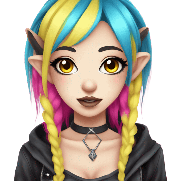 Blue eyed pale hime gyaru girl, hot pink and yellow split-dyed hair, nose ring, elf ears, dark makeup, punk clothes emoji