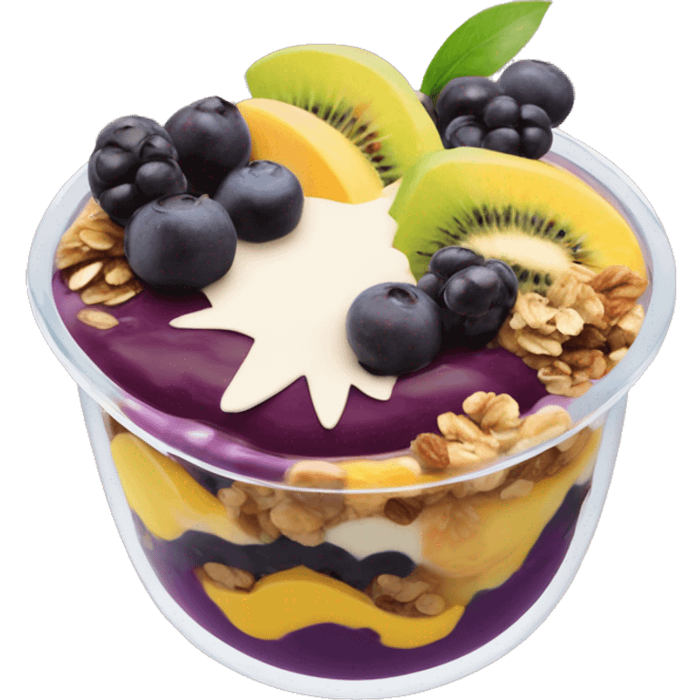 Açaí in a clear cup with layers of fruits and granola and condensed milk emoji