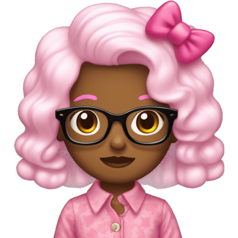 Pelo largo y ondulado,con fleco que tapa as o meno la cara,con lentes rosas y blusa de hello kitty  emoji