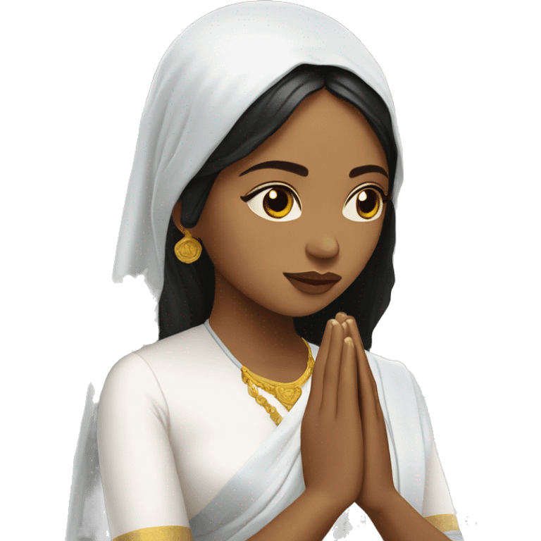 Light skin ;Black long hair wearing white saree praying infront a white temple emoji