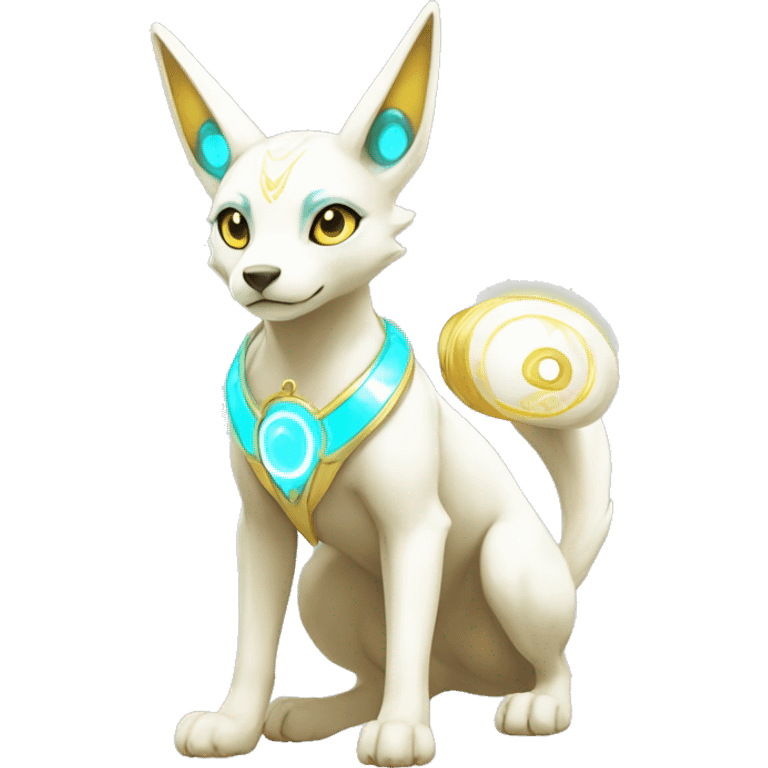 Shiny White Angelic Electric Albino Umbreon. cyan eyes and cyan markings. Golden Anubis-rings. full body emoji