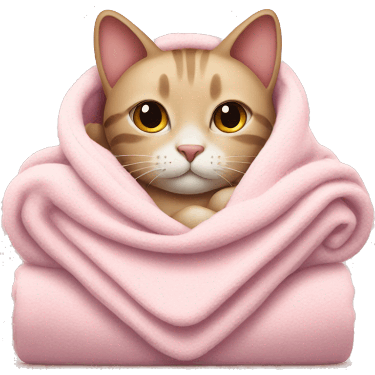 cat with a cozy light pink blanket around it emoji