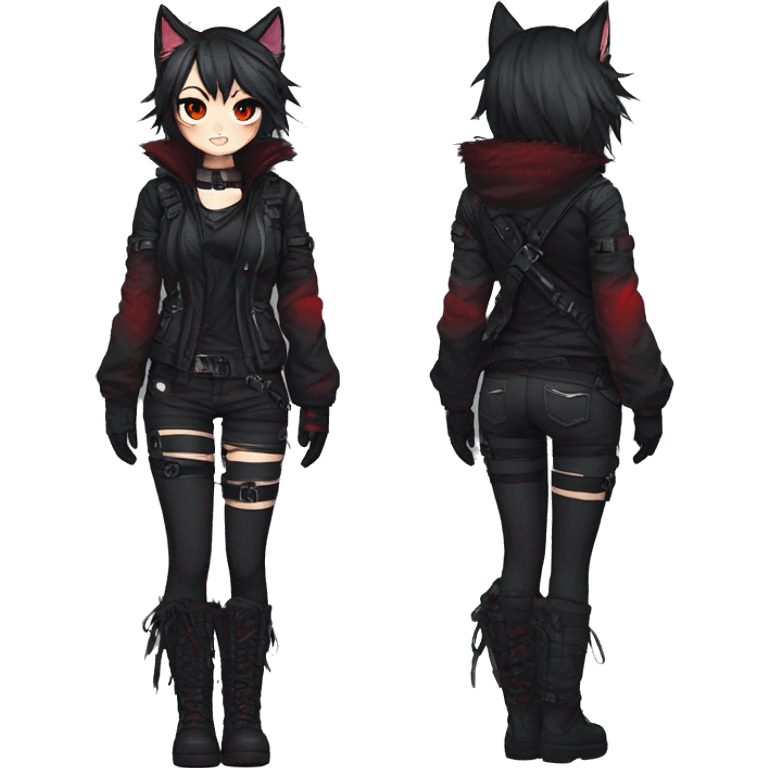 Gorgeous gothic dark techwear anime style anthro cat furry with blushing face aesthetic and pretty edgy black red punk messy ponytail hair with collar and harness trending style emoji