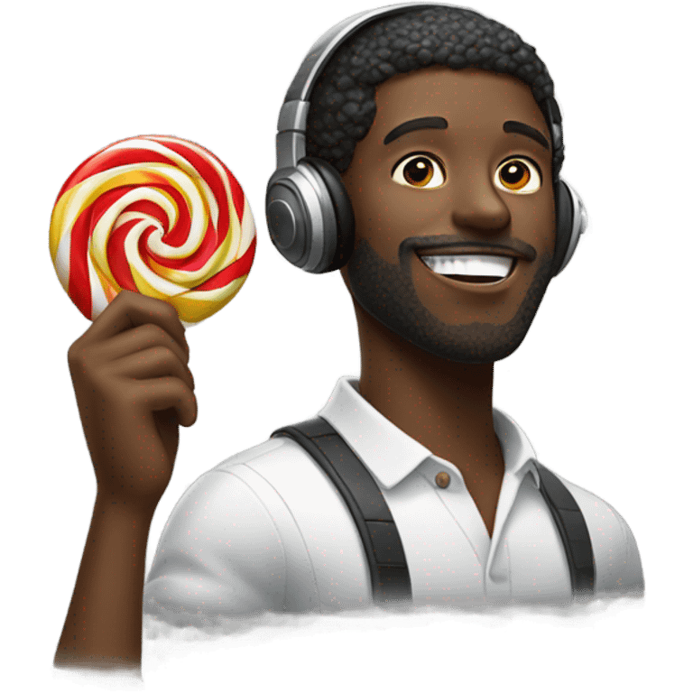 A black man with headphones sucking a lolipop emoji