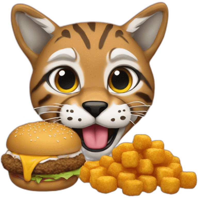 Bobcat eating a cheeseburger with a side of tater tots emoji