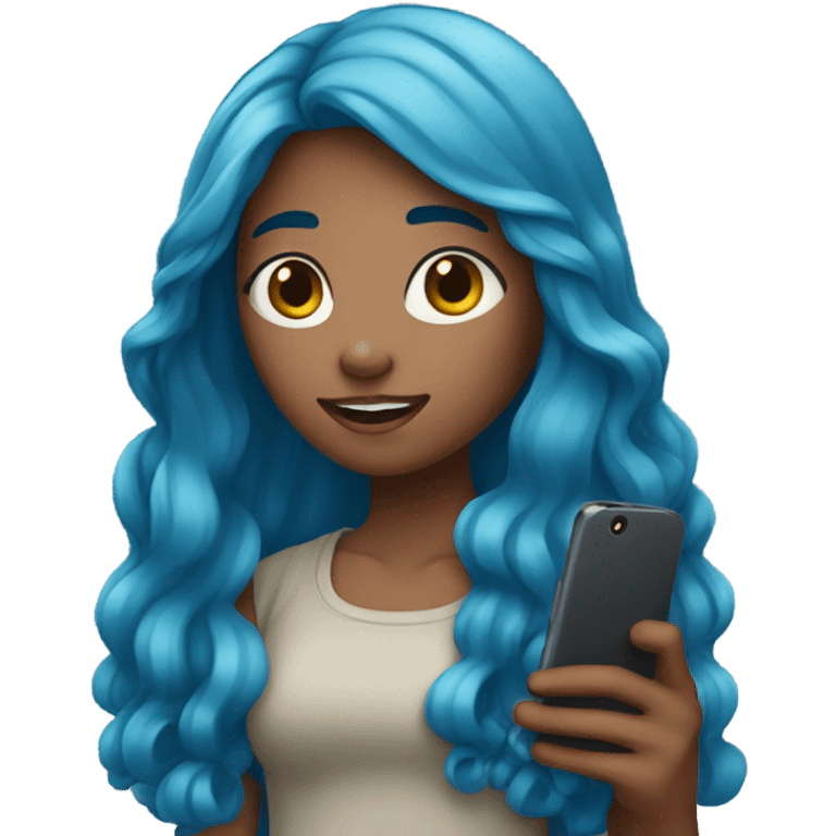 girl with long blue hair holding a phone in her hands emoji