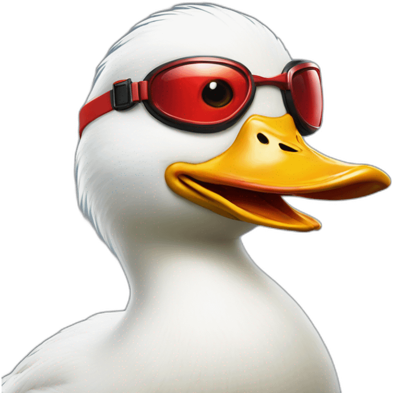 White Angry duck with a pair of red goggles on its head. head and shoulders emoji