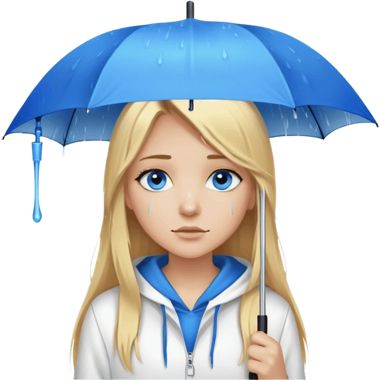 Cinematic realistic emojis in the form of a blonde girl with long hair, blue eyes and a straight nose, wearing a white hoodie, holding an umbrella above her, on which rain is dripping emoji