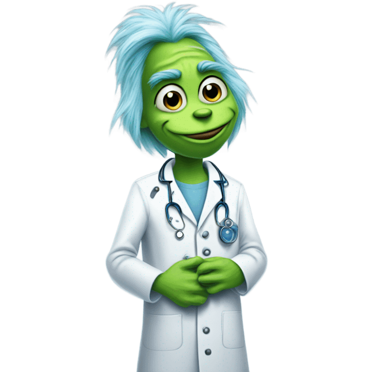 Blue grinch in a lab coat to give knee surgery  emoji