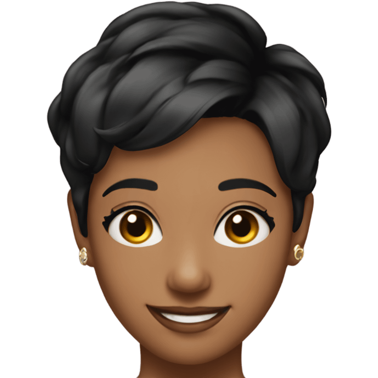 young pretty woman short pixie cut smiling, black hair emoji