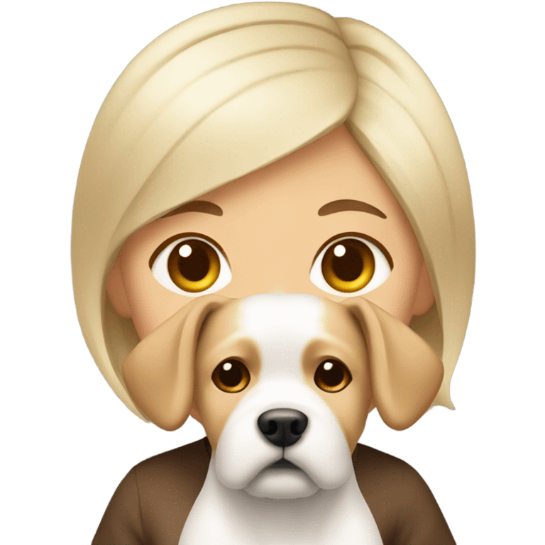 short haired blonde wasian girl holding brown eared coton dog emoji