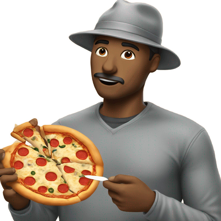 a man with a grey hat, eat a slice of pizza emoji