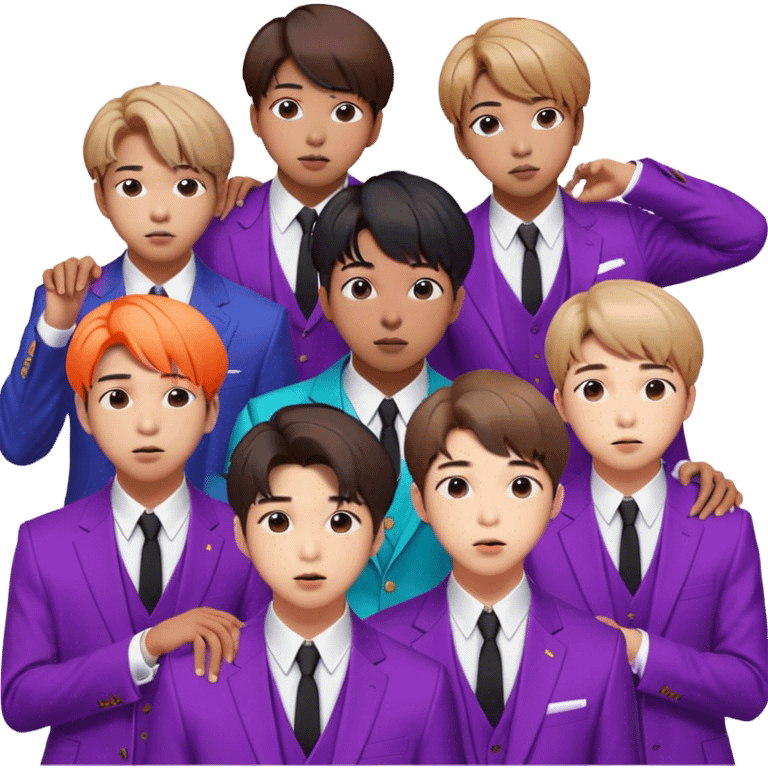 Cinematic Realistic group portrait of BTS featuring all 7 members in stylish modern attire, with detailed facial expressions and vibrant colors, captured in dynamic, contemporary lighting that emphasizes their global pop icon status emoji