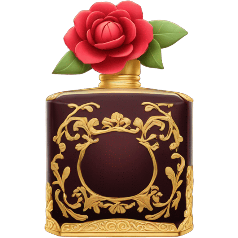 Dark red ornate perfume bottle with red camellias and golden accents emoji