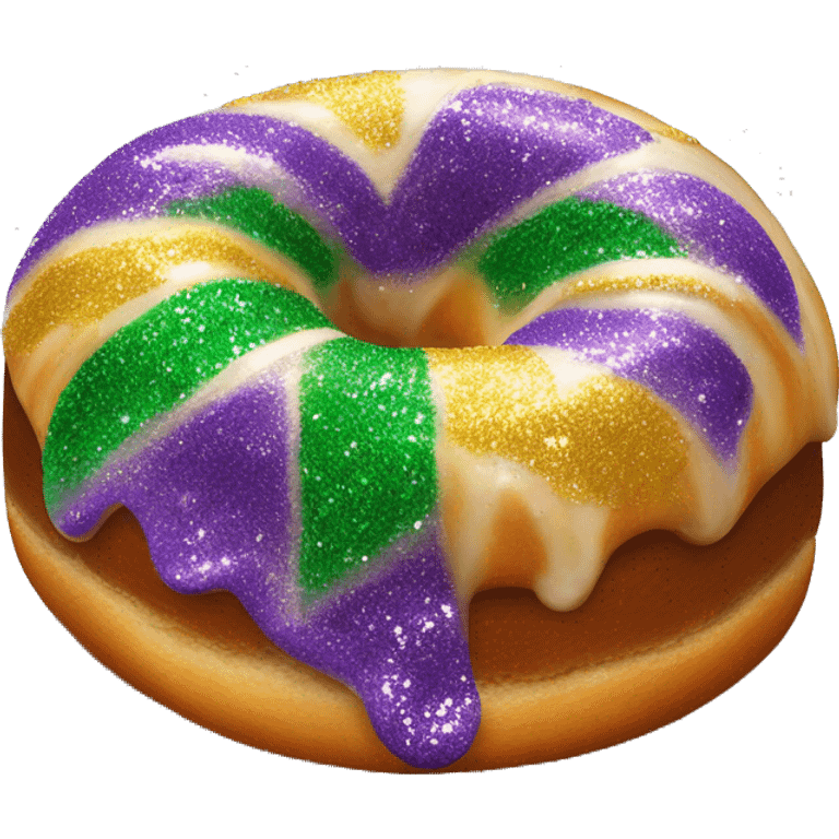 Realistic single isolated flat mardi gras cinamon bun king cake with glitter icing on top half of the cake. emoji