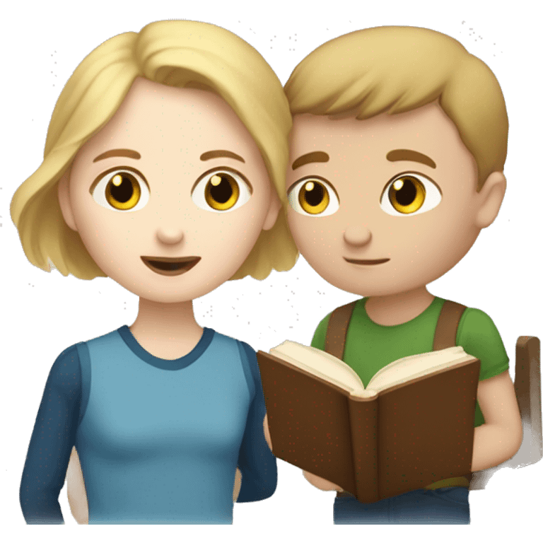 a woman with brown hair and pale skin site and read a book to a young boy with pale skin and blonde hair emoji