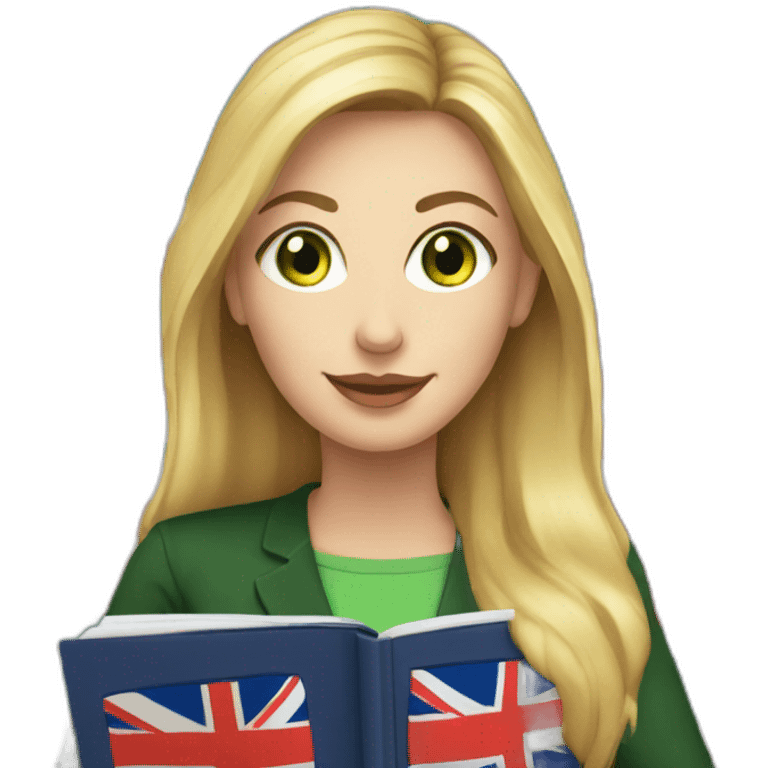 English teacher female with blonde hair and green eyes. with English book with usa flags emoji