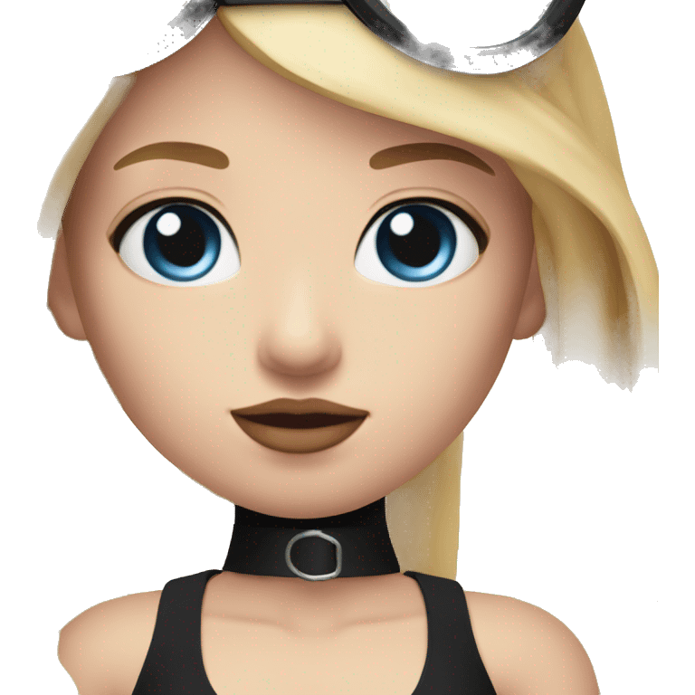 Woman with blue eyes, pink lips and long blonde straight hair. black swimsuit. black collar with metal ring around neck emoji