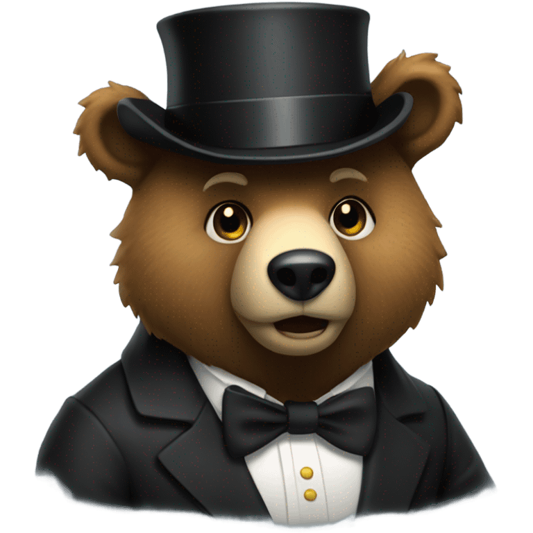 A animatronic bear wearing a tophat and a black bow emoji