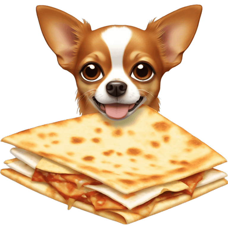 Long-haired reddish brown Chihuahua with white markings eating quesadilla emoji