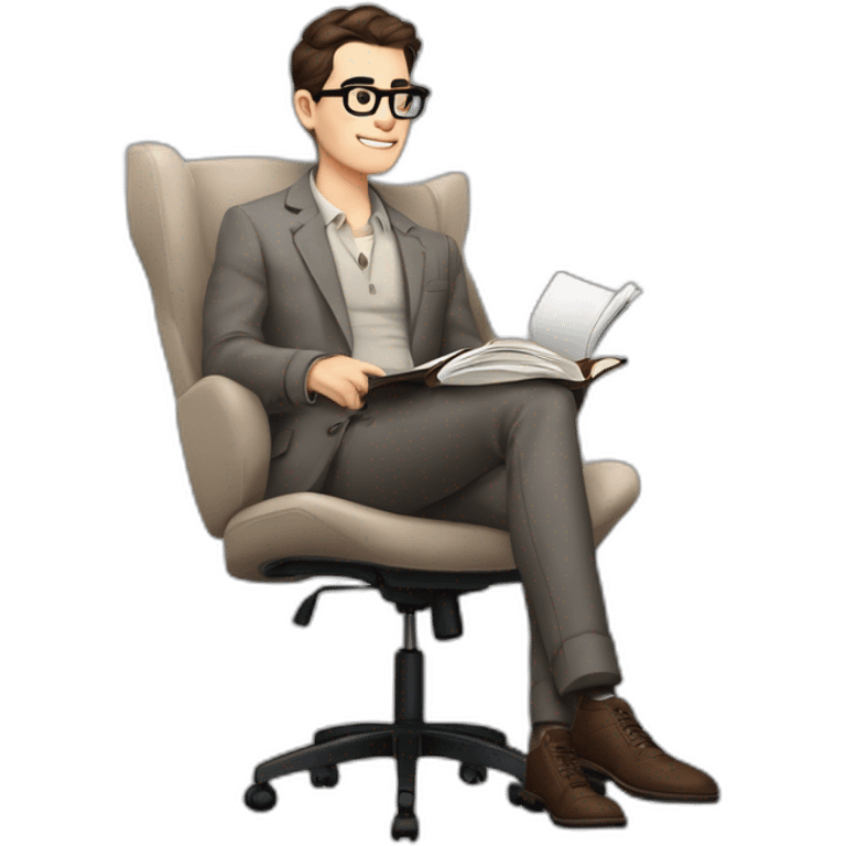 Pale skinned Fit Man With dark brown hair in gray jacket, beige office shirt, Brown pants and vintage glasses sitting In a soft chair with a notebook on spring with emblem Ψ and a pen emoji