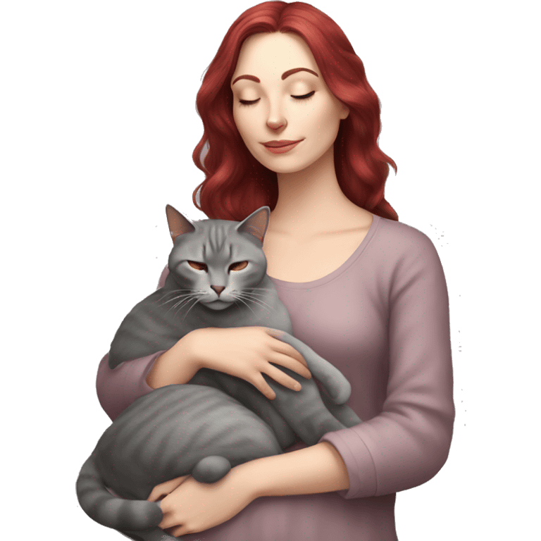 Realistic white girl burgundy hair sleeping with grey cat  emoji