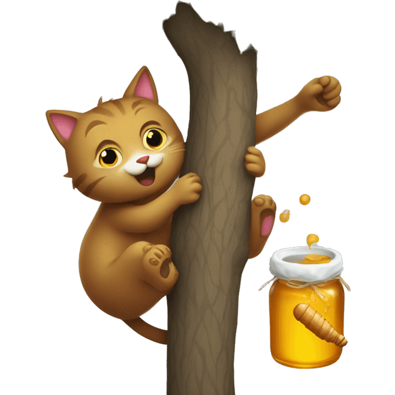 Cat climbing a tree chasing a bear holding a honey pot emoji