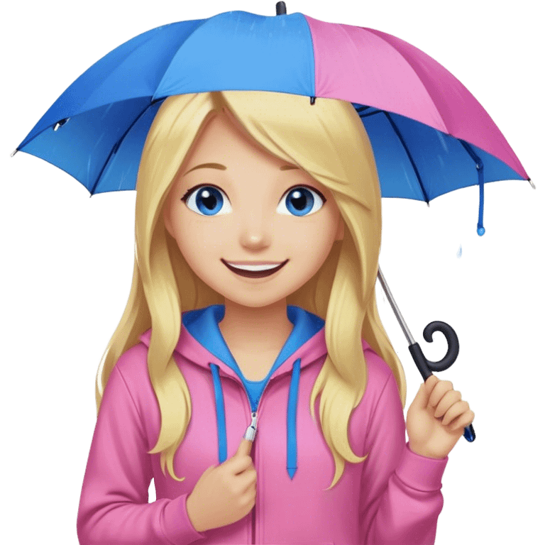 Cinematic realistic emojis in the form of a blonde girl with a joyful smile, long hair, blue eyes, wearing a pink hoodie, holding an umbrella over her from the rain emoji