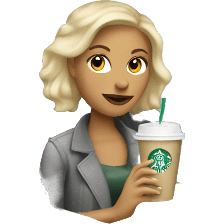 Blonde woman driving silver hatchback drinking Starbucks emoji