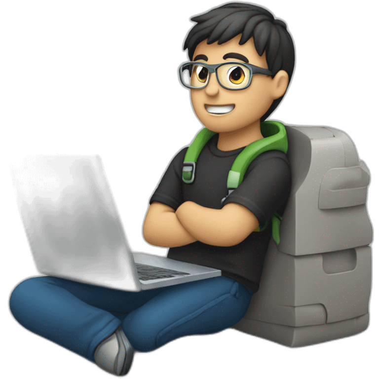 Coder boy taking laptop in hand, A logo on laptop emoji